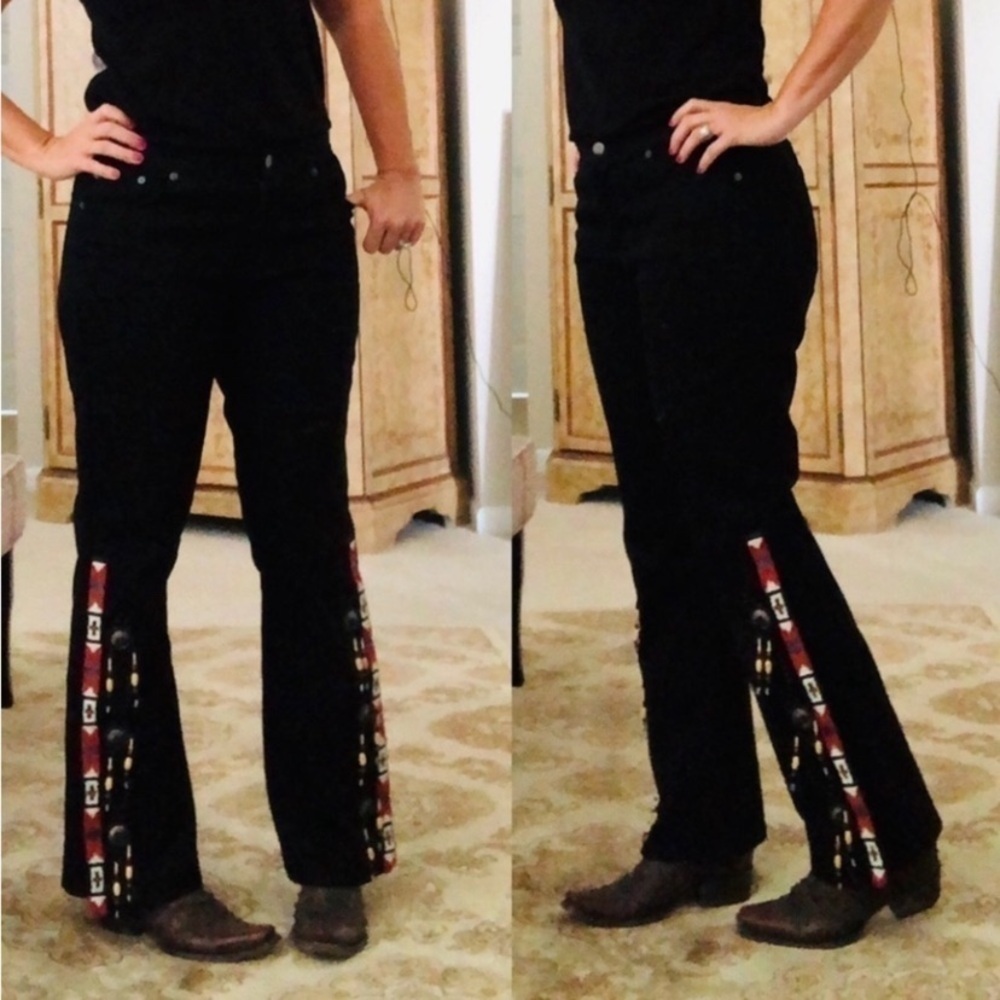Ralph Lauren Black Flare Jeans with Patterned Trim concho beaded​